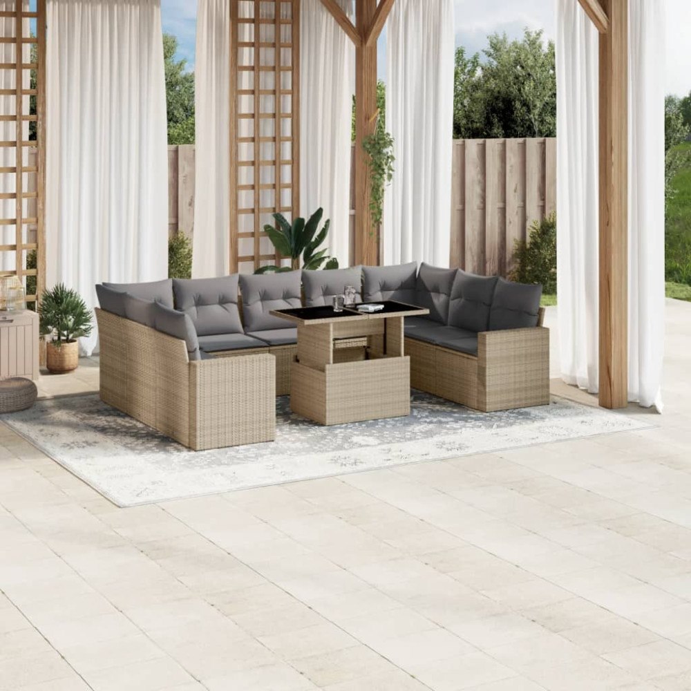 vidaXL Soffgrupp för trädgård med dynor 10 delar beige konstrotting