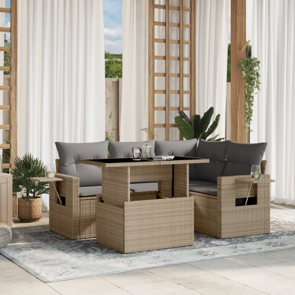 vidaXL Soffgrupp för trädgården med dynor 5 delar beige konstrotting