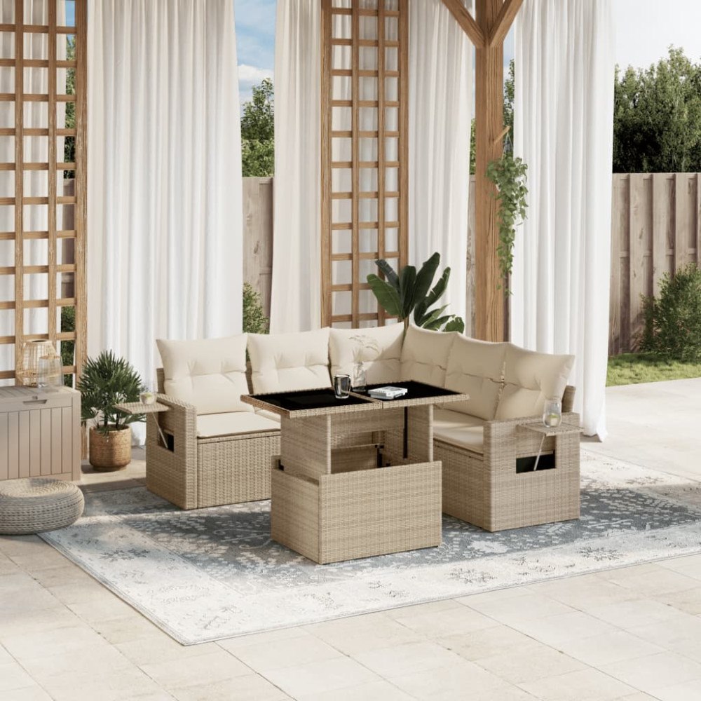 vidaXL Soffgrupp för trädgården med dynor 6 delar beige konstrotting