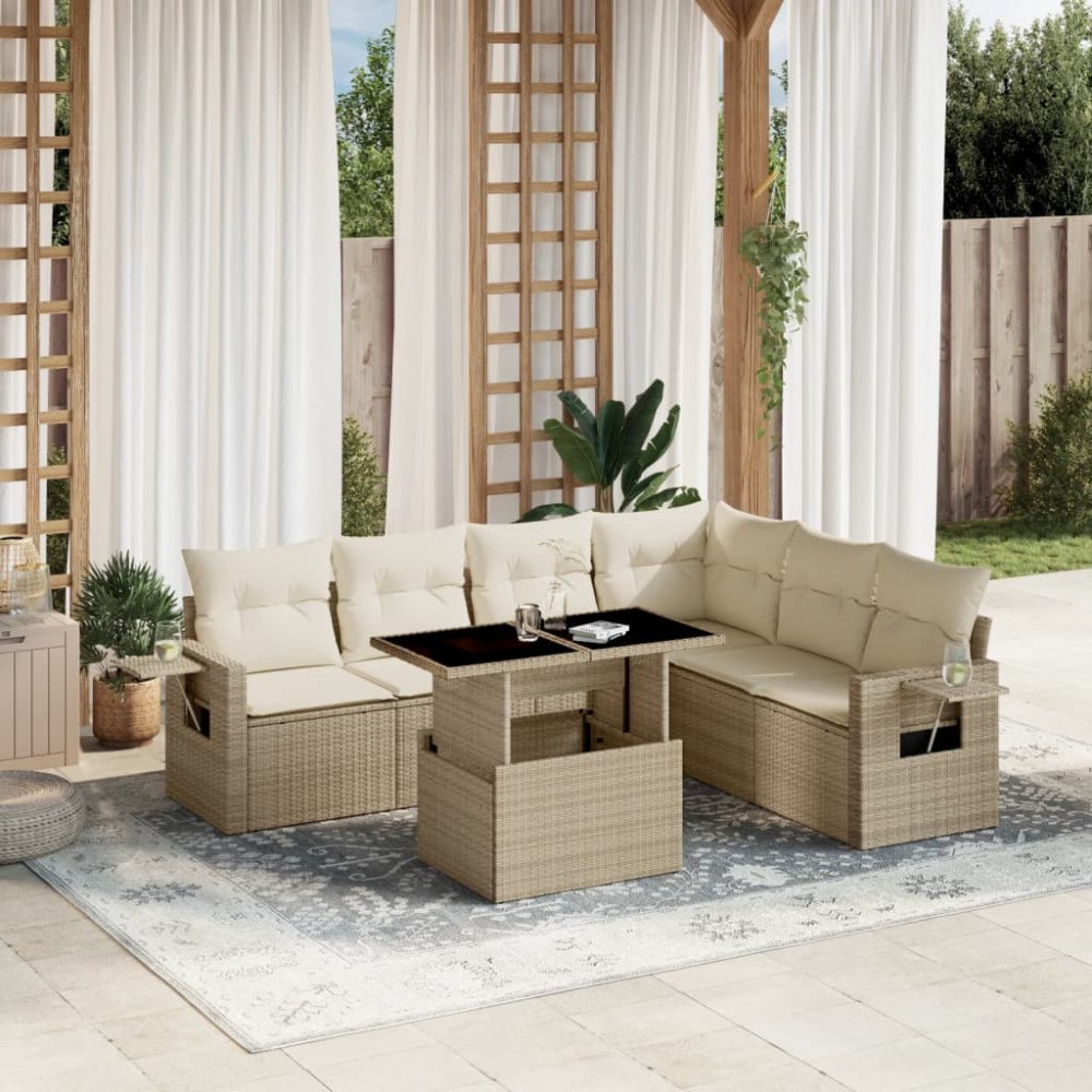 vidaXL Matgrupp för trädgården med dynor 7 delar beige konstrotting