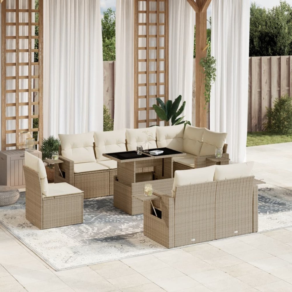 vidaXL Soffgrupp för trädgården med dynor 9 delar beige konstrotting