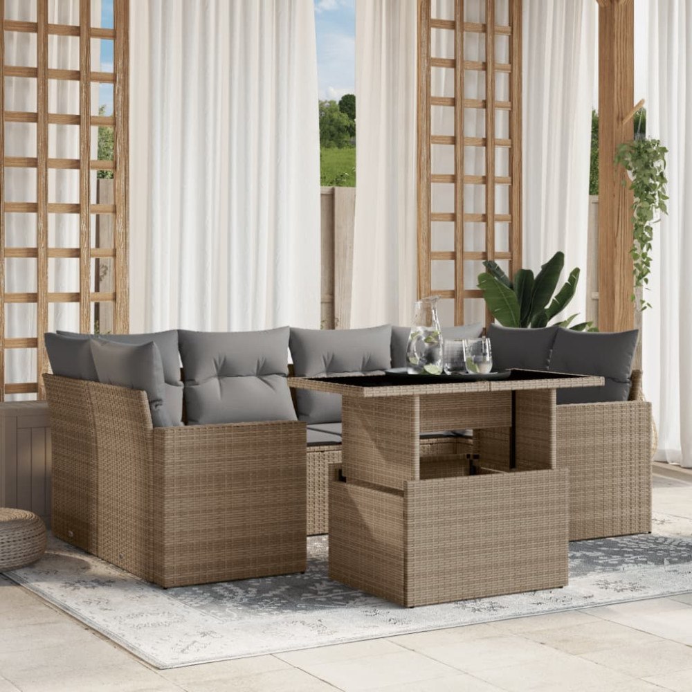 vidaXL Matgrupp för trädgården med dynor 7 delar beige konstrotting