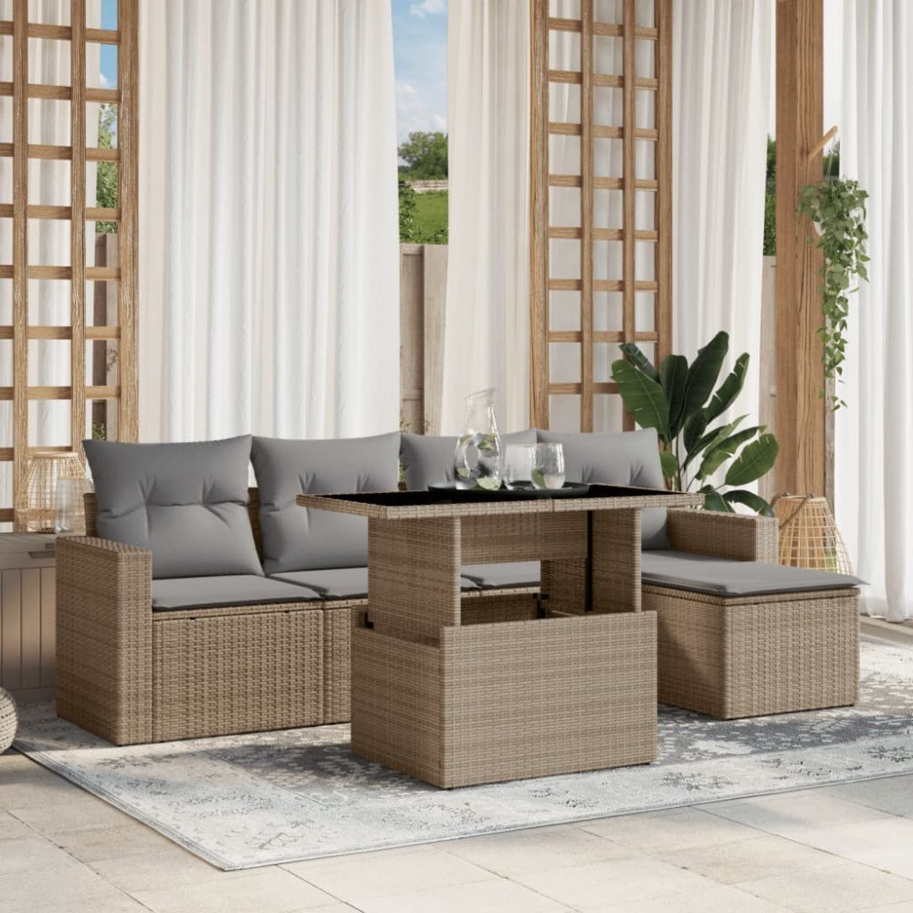 vidaXL Soffgrupp för trädgården med dynor 6 delar beige konstrotting