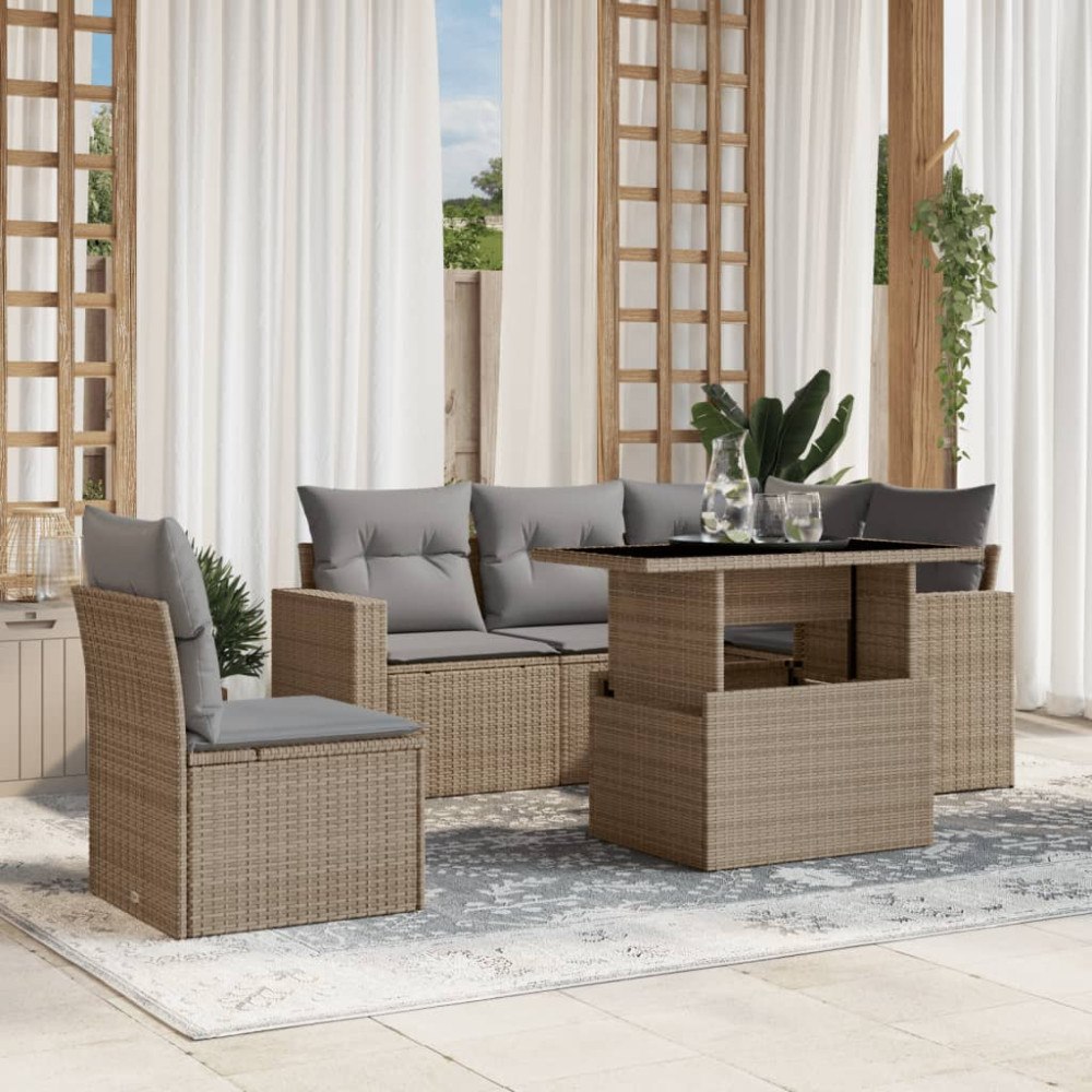 vidaXL Soffgrupp för trädgården med dynor 6 delar beige konstrotting