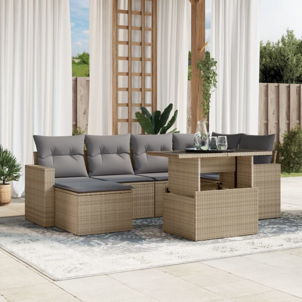 vidaXL Matgrupp för trädgården med dynor 7 delar beige konstrotting