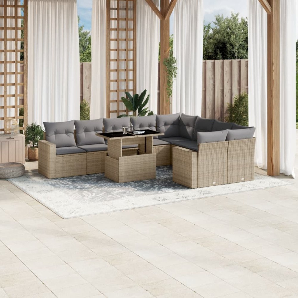 vidaXL Soffgrupp för trädgård med dynor 10 delar beige konstrotting