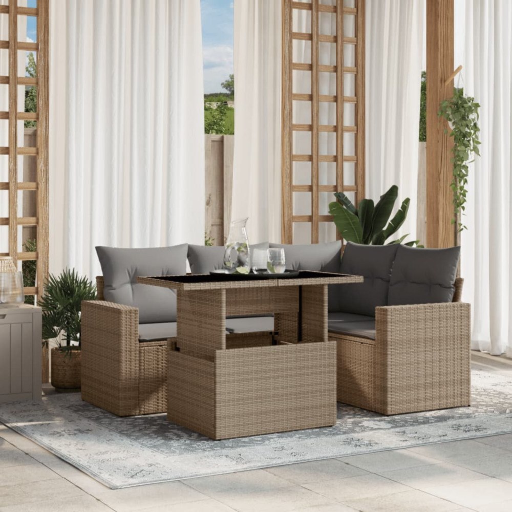 vidaXL Soffgrupp för trädgården med dynor 5 delar beige konstrotting