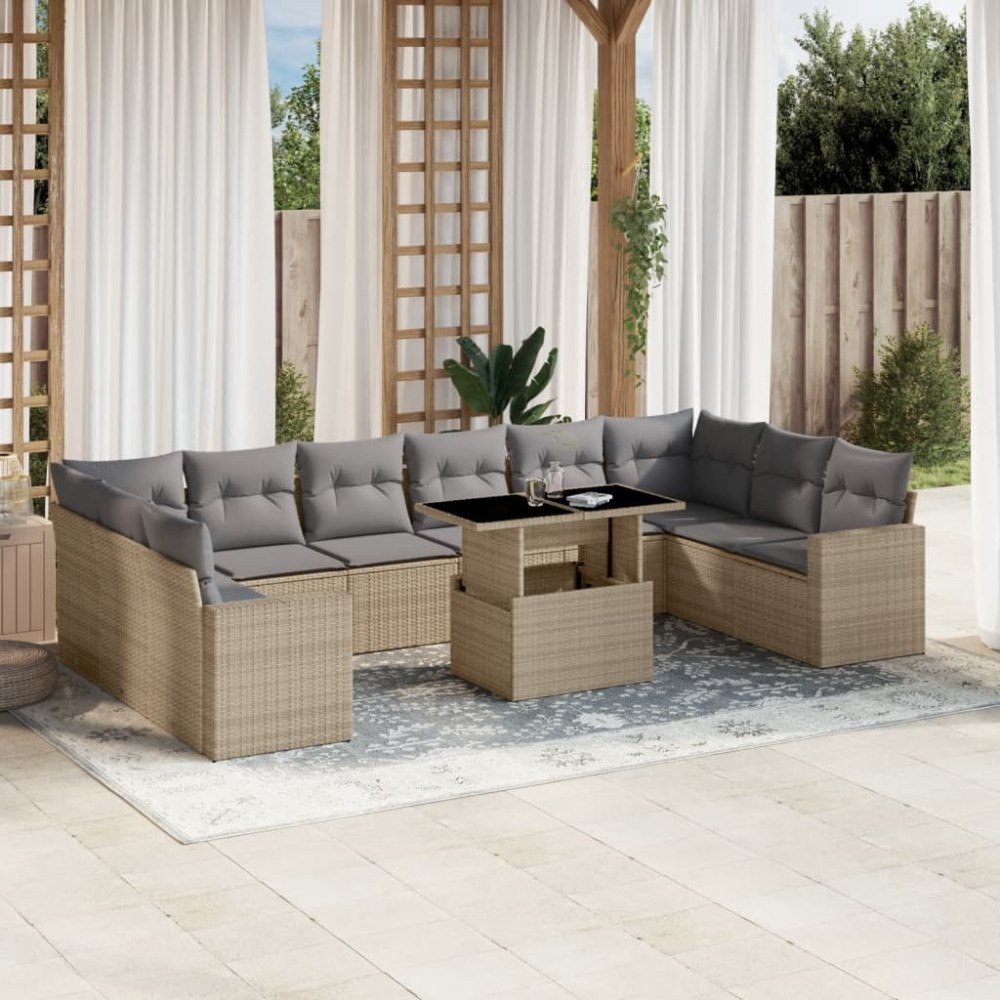 vidaXL Loungegrupp för trädgården m. dynor 11 delar beige konstrotting