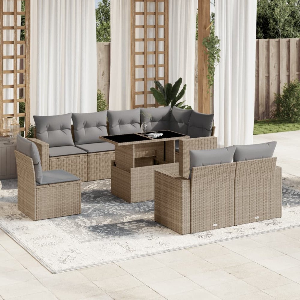 vidaXL Soffgrupp för trädgården med dynor 9 delar beige konstrotting