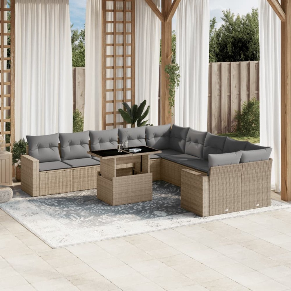 vidaXL Loungegrupp för trädgården m. dynor 11 delar beige konstrotting