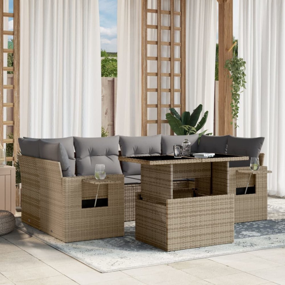 vidaXL Matgrupp för trädgården med dynor 7 delar beige konstrotting