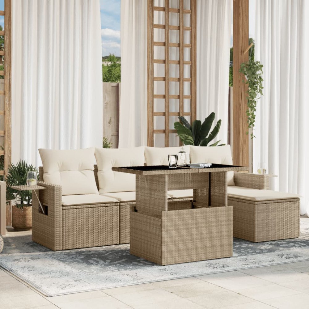 vidaXL Soffgrupp för trädgården med dynor 6 delar beige konstrotting