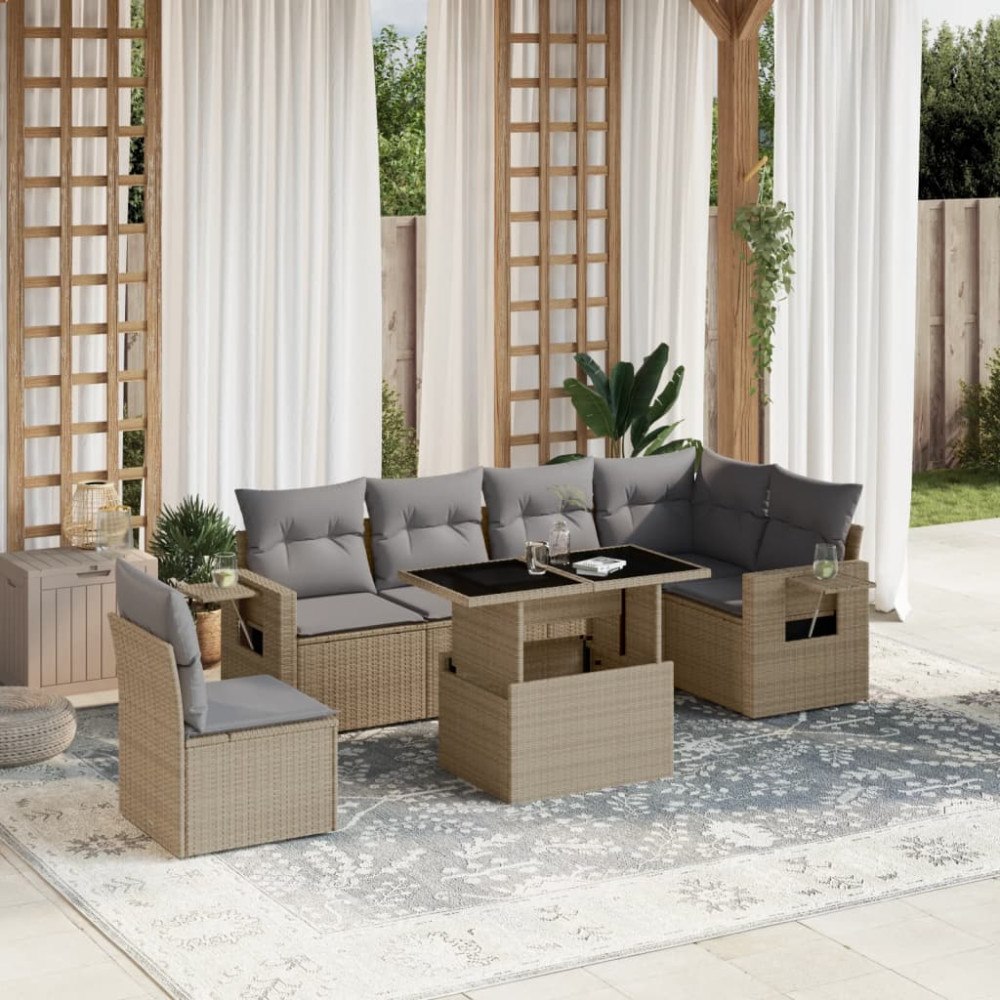 vidaXL Matgrupp för trädgården med dynor 7 delar beige konstrotting