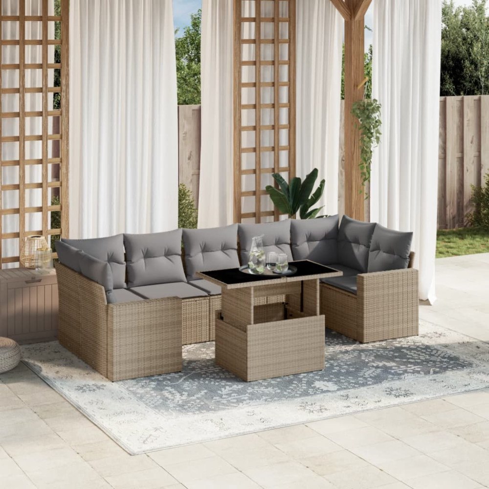 vidaXL Matgrupp för trädgården med dynor 8 delar beige konstrotting