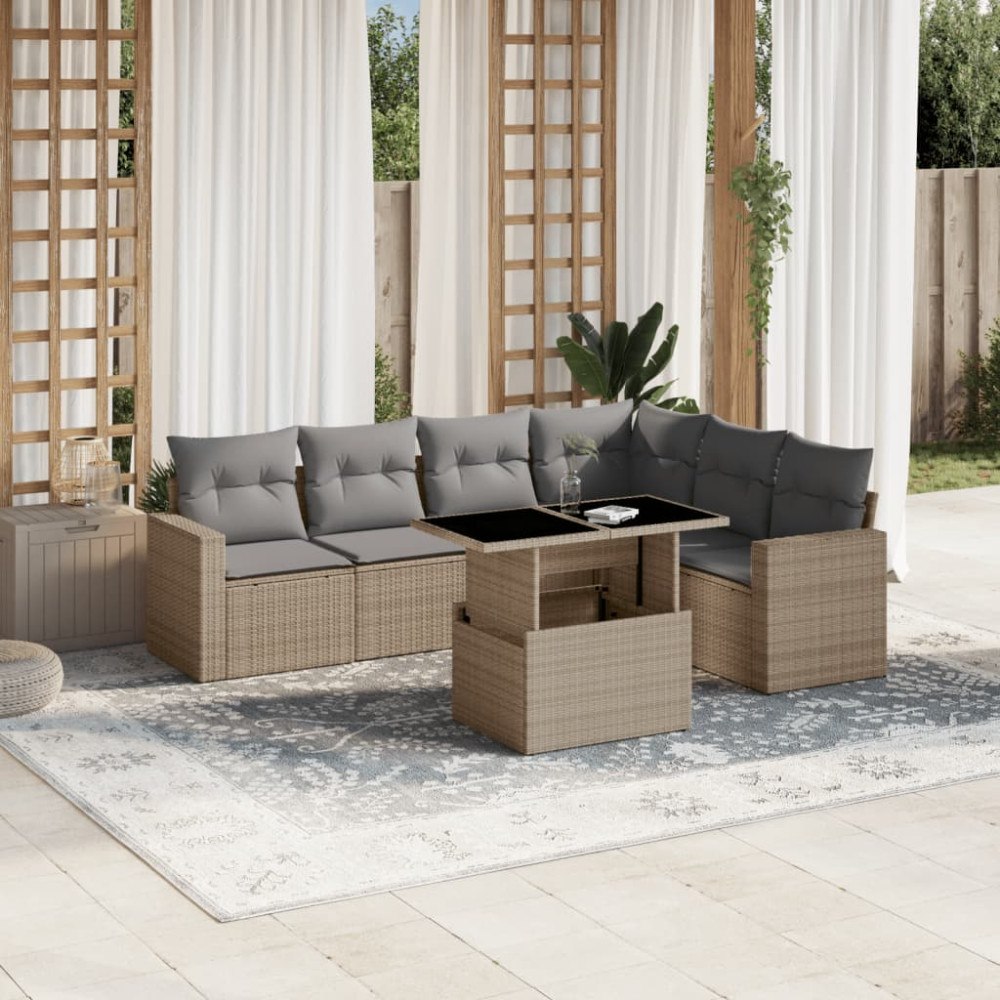vidaXL Matgrupp för trädgården med dynor 7 delar beige konstrotting