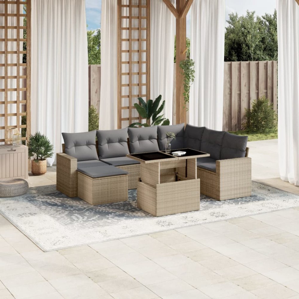 vidaXL Matgrupp för trädgården med dynor 8 delar beige konstrotting