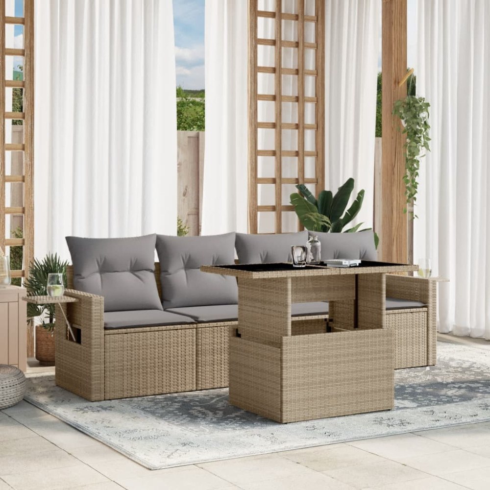 vidaXL Soffgrupp för trädgården med dynor 5 delar beige konstrotting