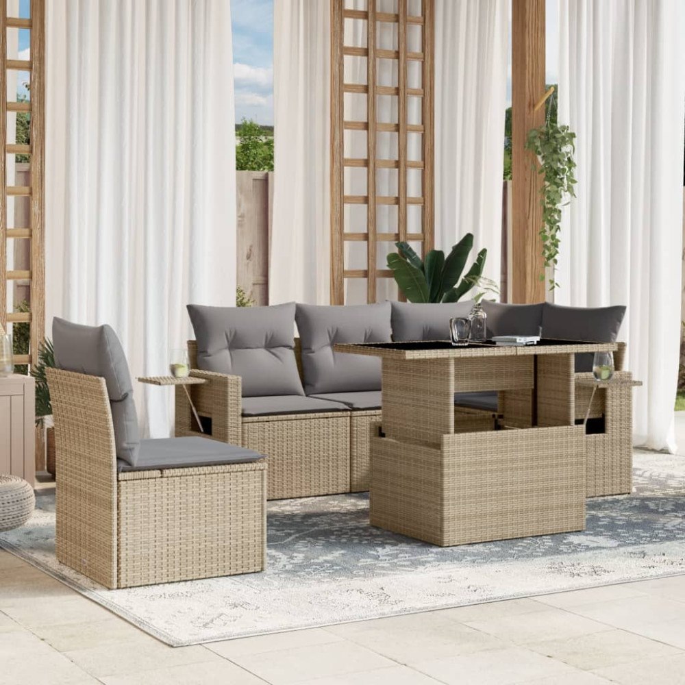 vidaXL Soffgrupp för trädgården med dynor 6 delar beige konstrotting