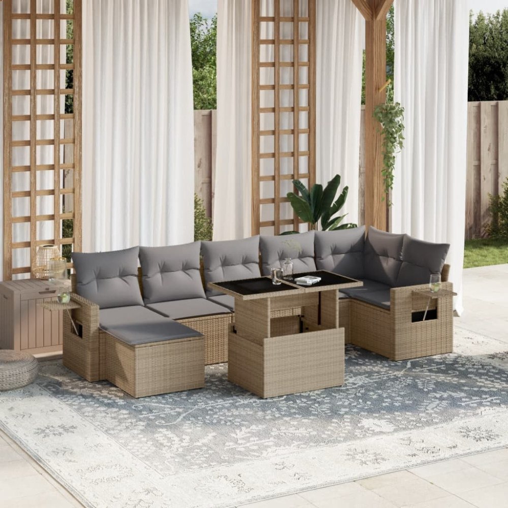vidaXL Matgrupp för trädgården med dynor 8 delar beige konstrotting