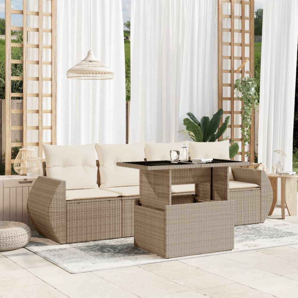 vidaXL Soffgrupp för trädgården med dynor 5 delar beige konstrotting