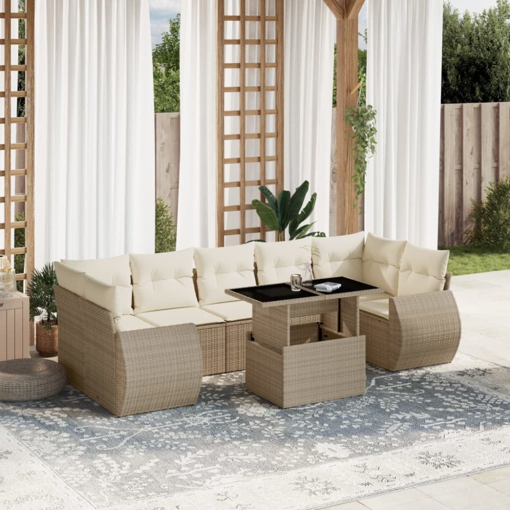 vidaXL Matgrupp för trädgården med dynor 8 delar beige konstrotting