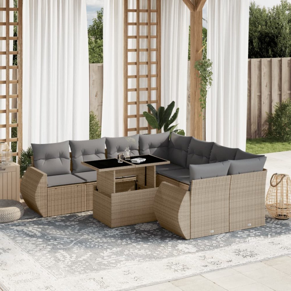 vidaXL Soffgrupp för trädgården med dynor 9 delar beige konstrotting