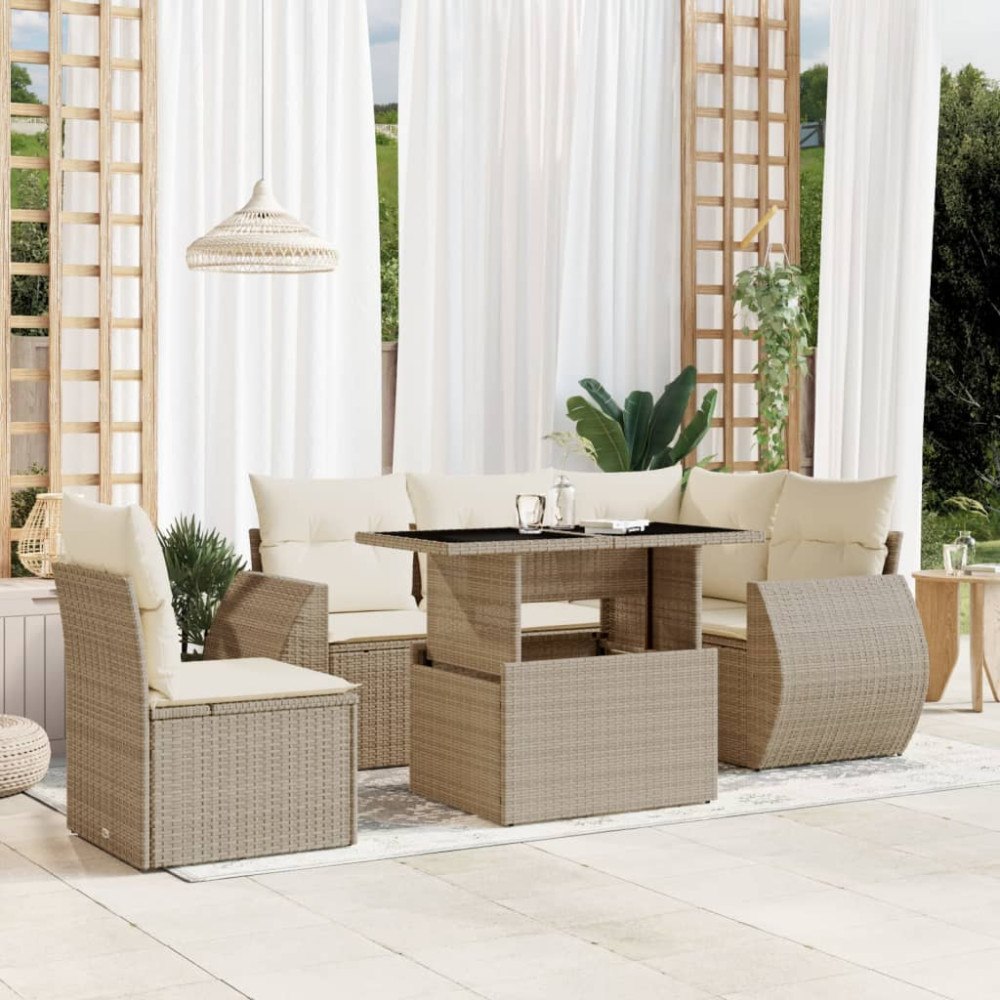 vidaXL Soffgrupp för trädgården med dynor 6 delar beige konstrotting