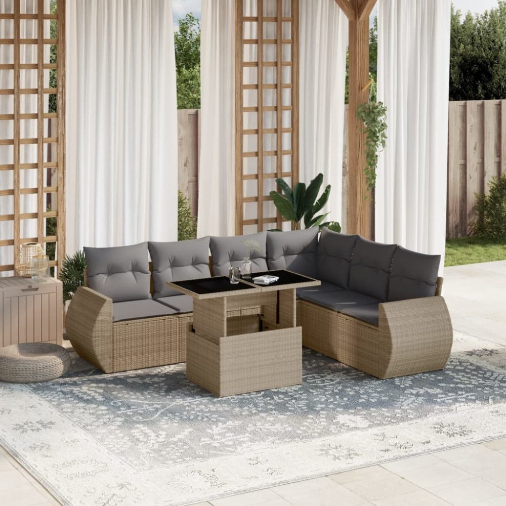 vidaXL Matgrupp för trädgården med dynor 7 delar beige konstrotting