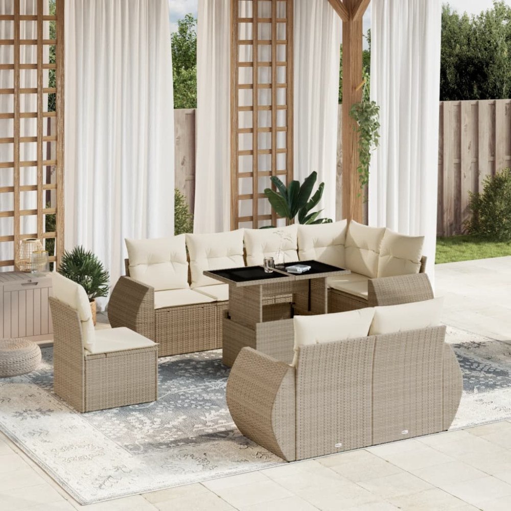 vidaXL Soffgrupp för trädgården med dynor 9 delar beige konstrotting