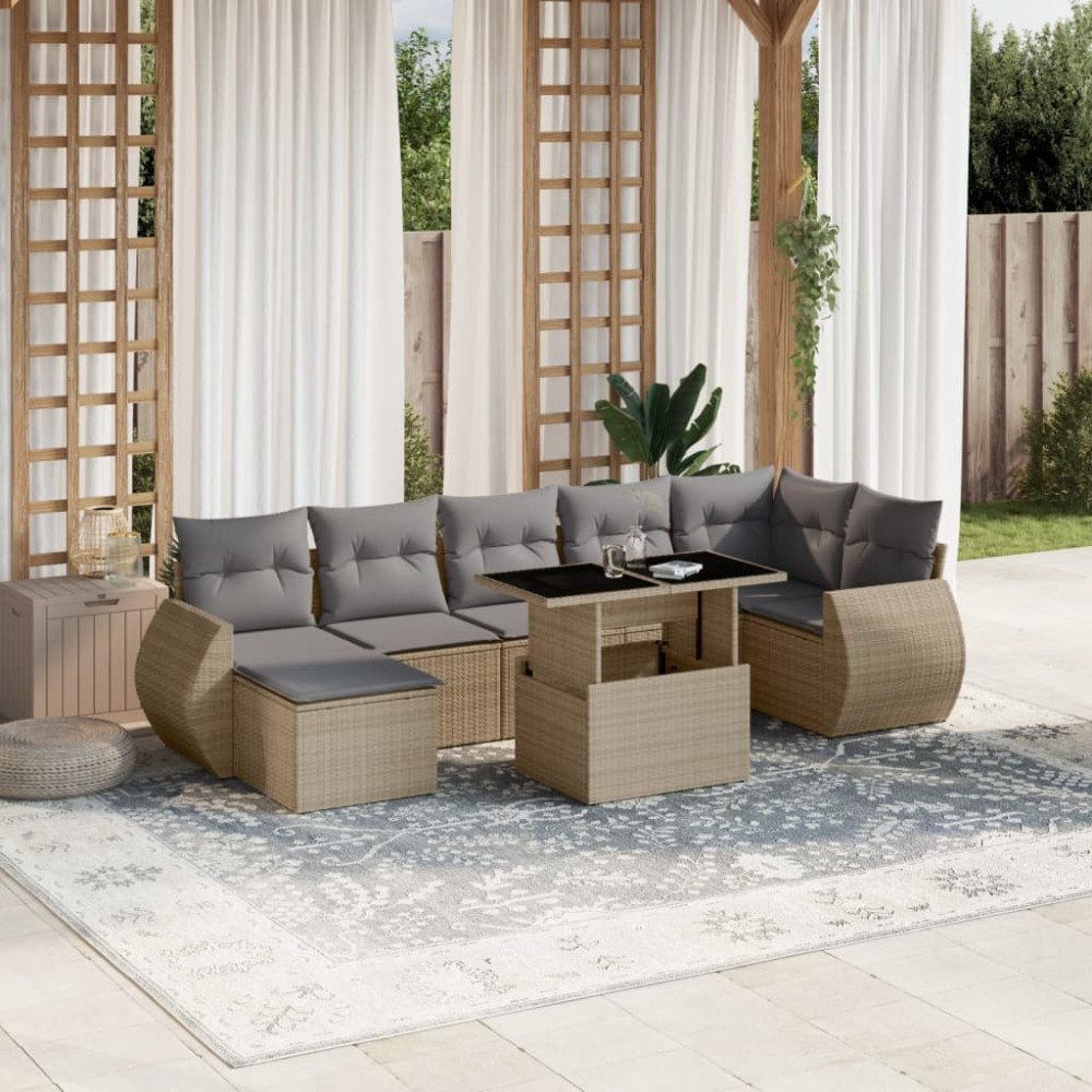 vidaXL Matgrupp för trädgården med dynor 8 delar beige konstrotting