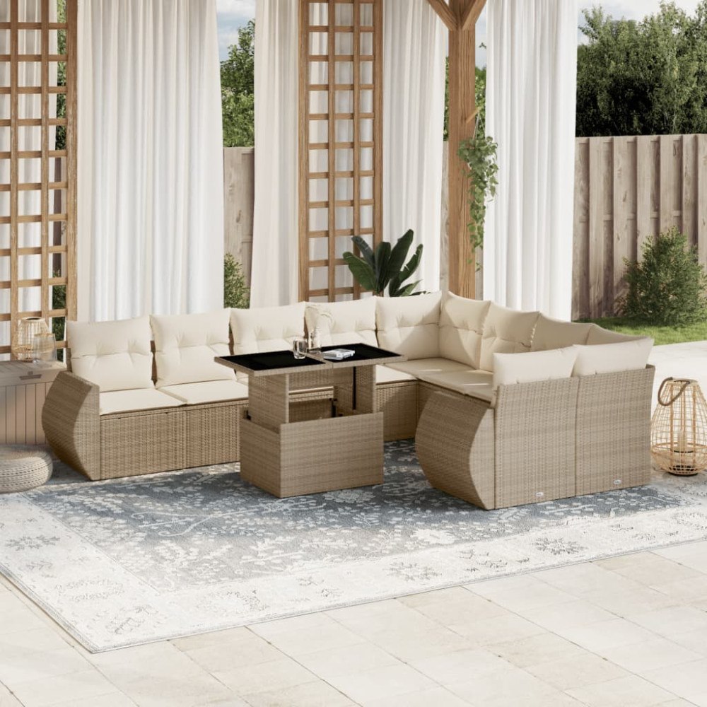 vidaXL Soffgrupp för trädgård med dynor 10 delar beige konstrotting
