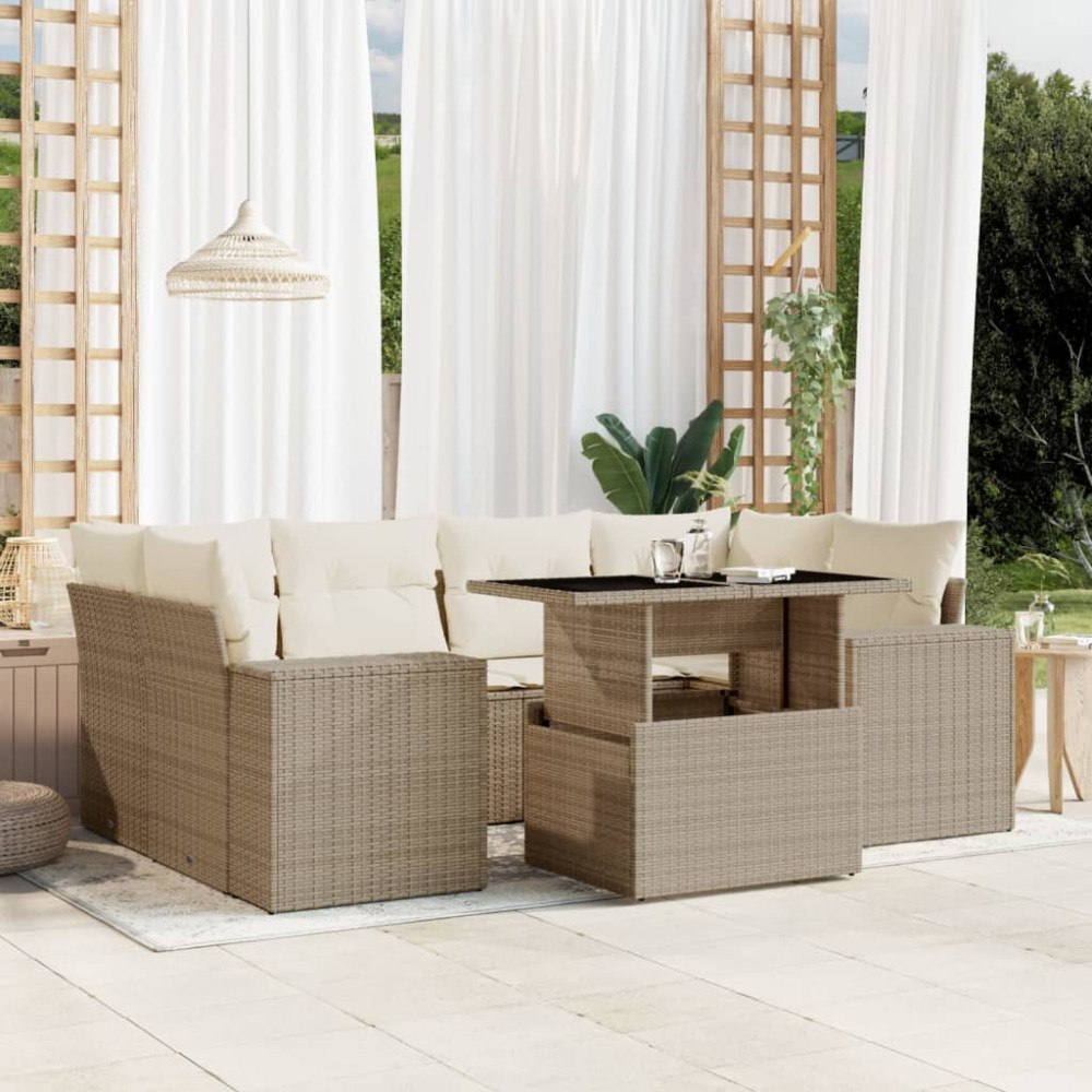 vidaXL Matgrupp för trädgården med dynor 7 delar beige konstrotting