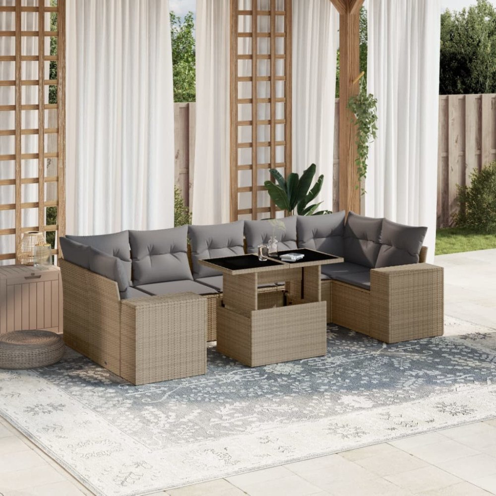 vidaXL Matgrupp för trädgården med dynor 8 delar beige konstrotting