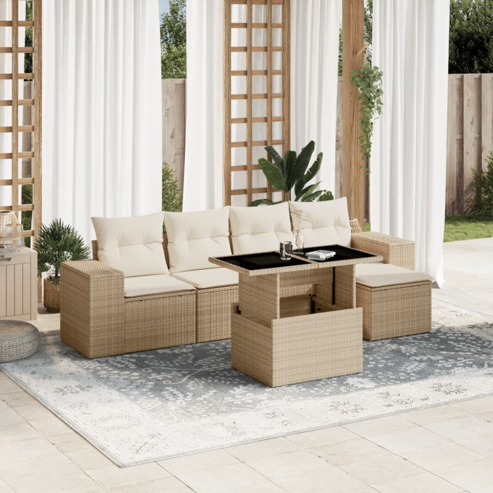 vidaXL Soffgrupp för trädgården med dynor 6 delar beige konstrotting