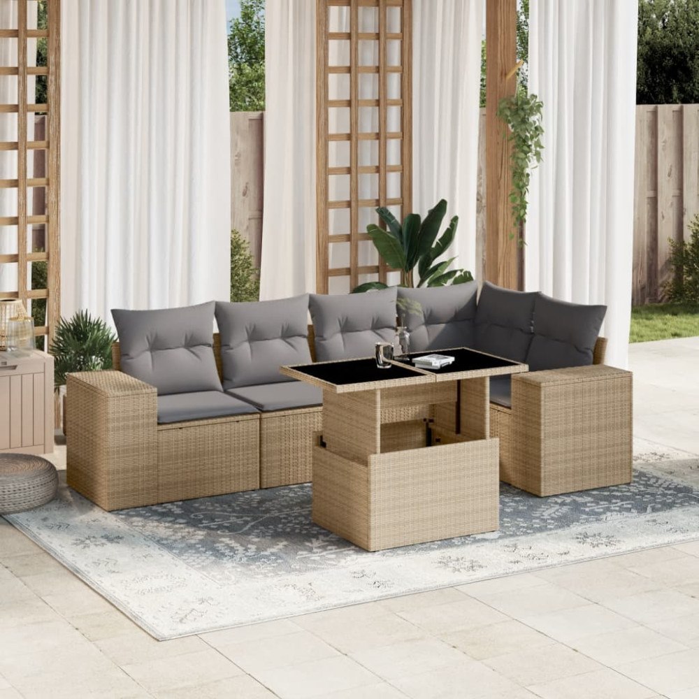 vidaXL Soffgrupp för trädgården med dynor 6 delar beige konstrotting