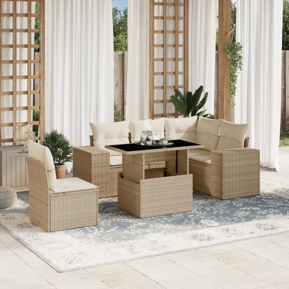 vidaXL Soffgrupp för trädgården med dynor 6 delar beige konstrotting