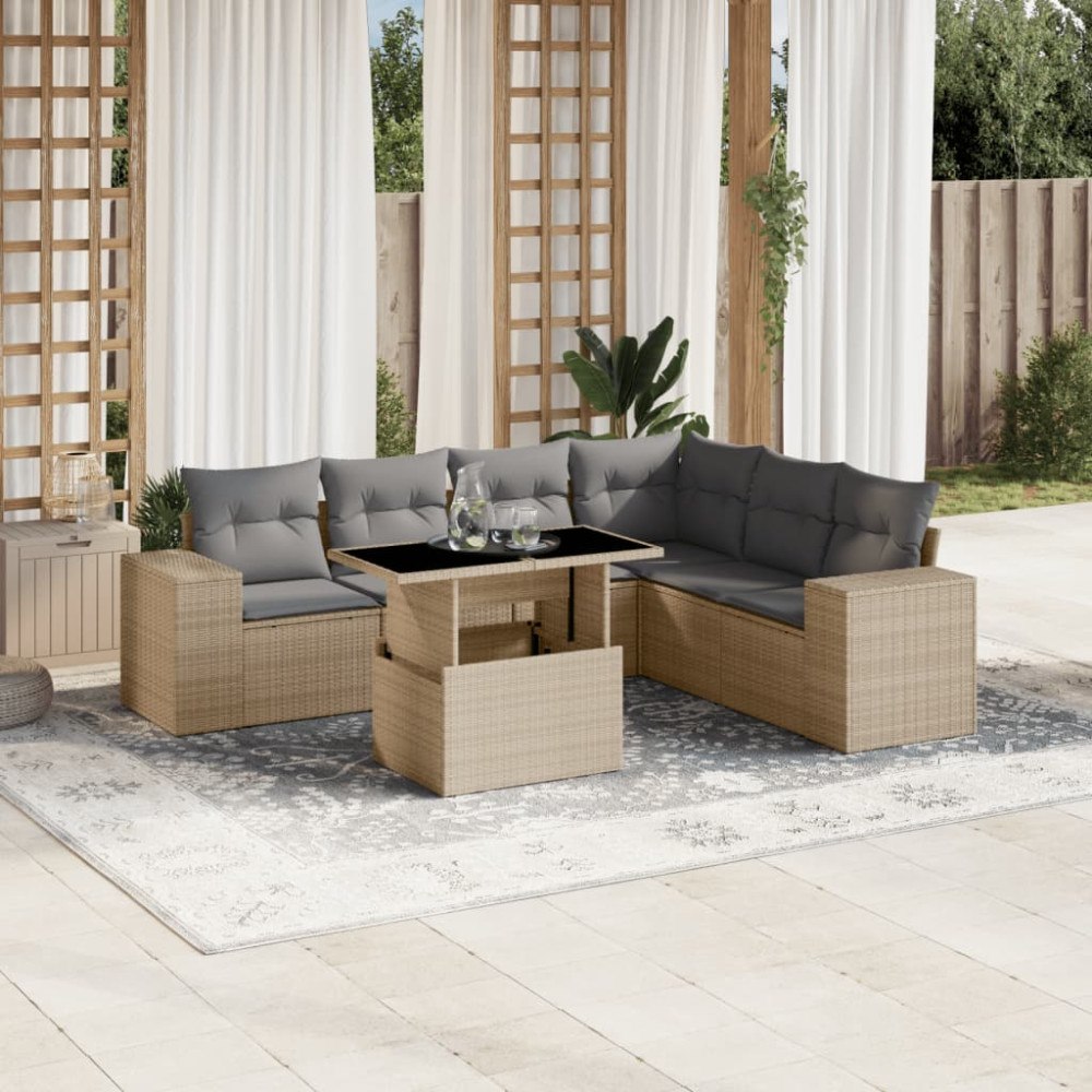 vidaXL Matgrupp för trädgården med dynor 7 delar beige konstrotting