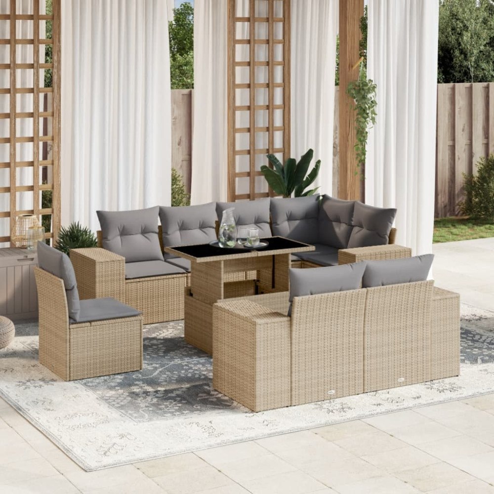 vidaXL Soffgrupp för trädgården med dynor 9 delar beige konstrotting