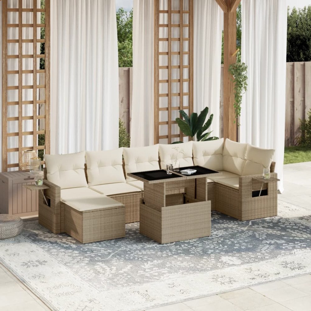 vidaXL Matgrupp för trädgården med dynor 8 delar beige konstrotting