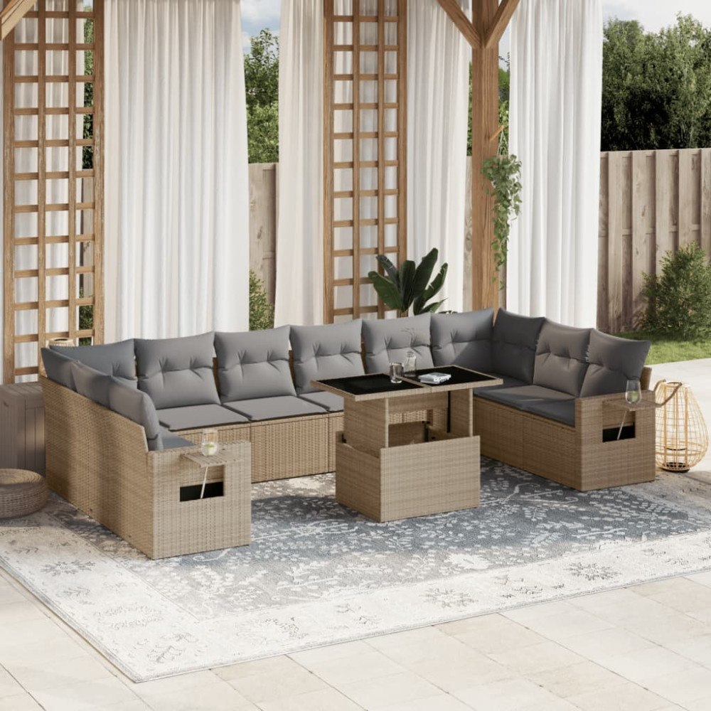 vidaXL Loungegrupp för trädgården m. dynor 11 delar beige konstrotting