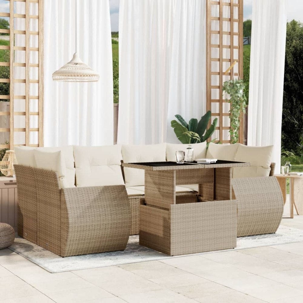 vidaXL Matgrupp för trädgården med dynor 7 delar beige konstrotting