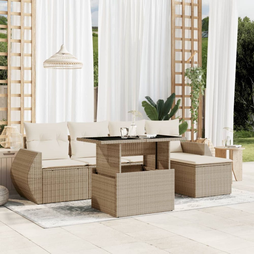 vidaXL Soffgrupp för trädgården med dynor 6 delar beige konstrotting