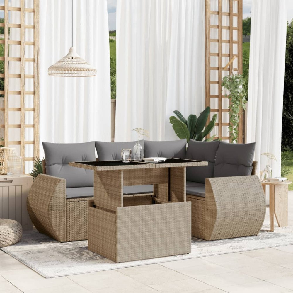 vidaXL Soffgrupp för trädgården med dynor 5 delar beige konstrotting