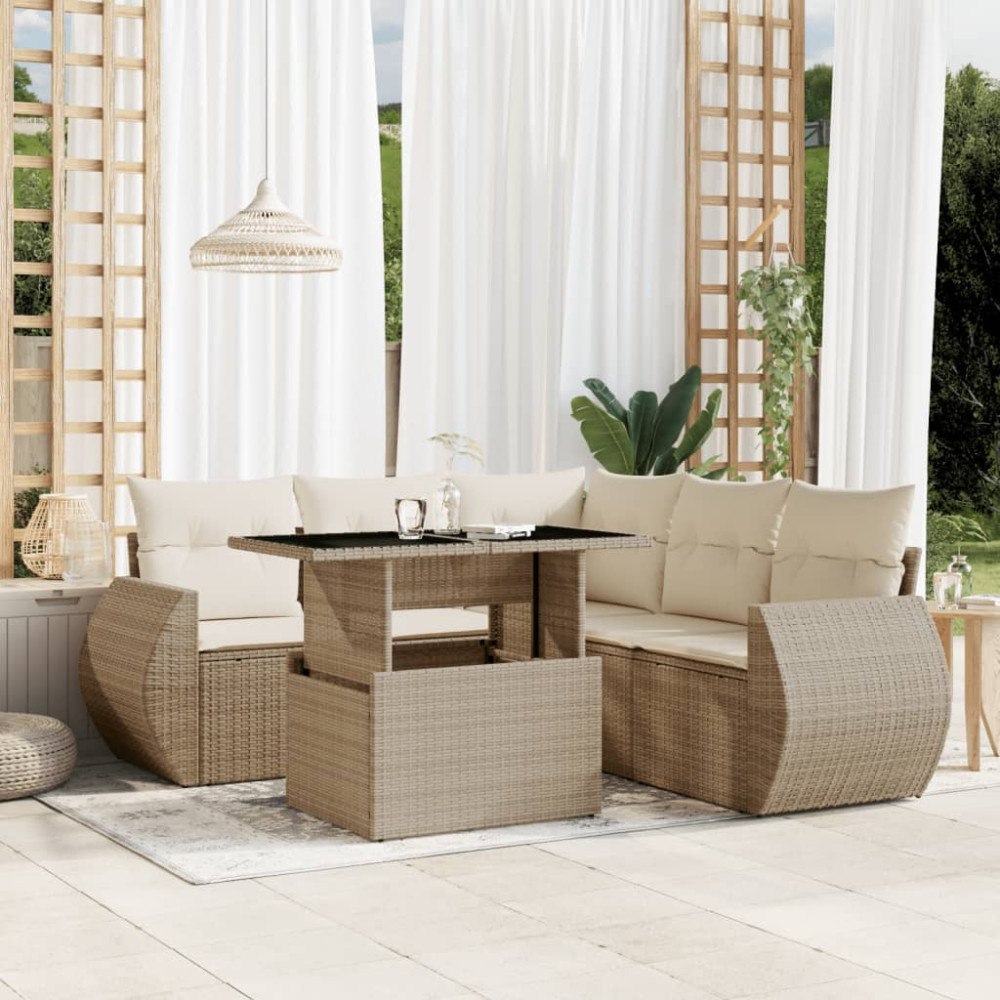 vidaXL Soffgrupp för trädgården med dynor 6 delar beige konstrotting