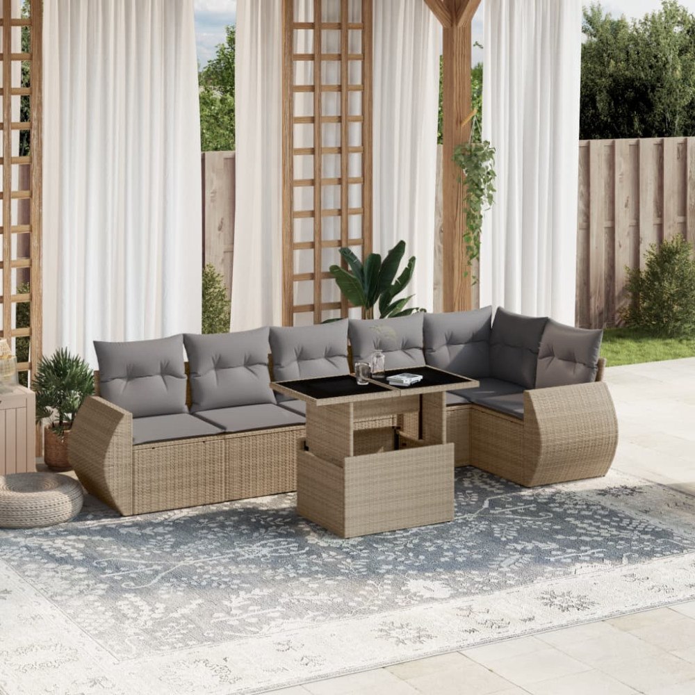 vidaXL Matgrupp för trädgården med dynor 7 delar beige konstrotting