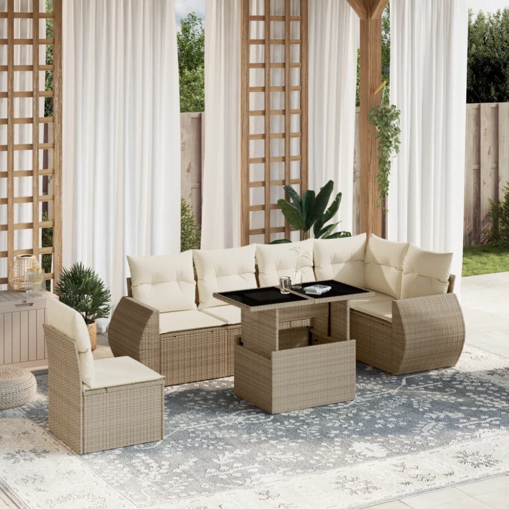 vidaXL Matgrupp för trädgården med dynor 7 delar beige konstrotting