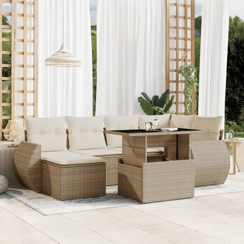 vidaXL Matgrupp för trädgården med dynor 7 delar beige konstrotting