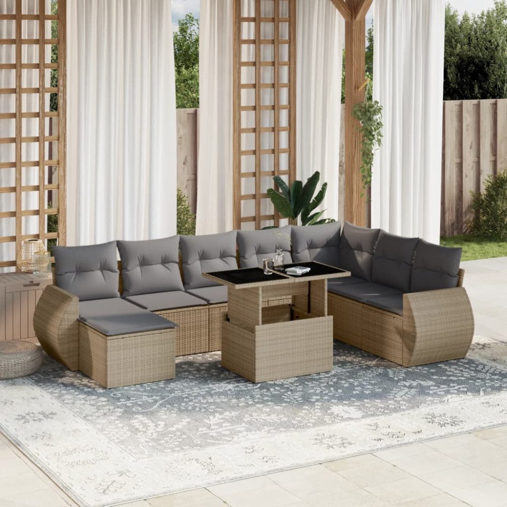 vidaXL Soffgrupp för trädgården med dynor 9 delar beige konstrotting