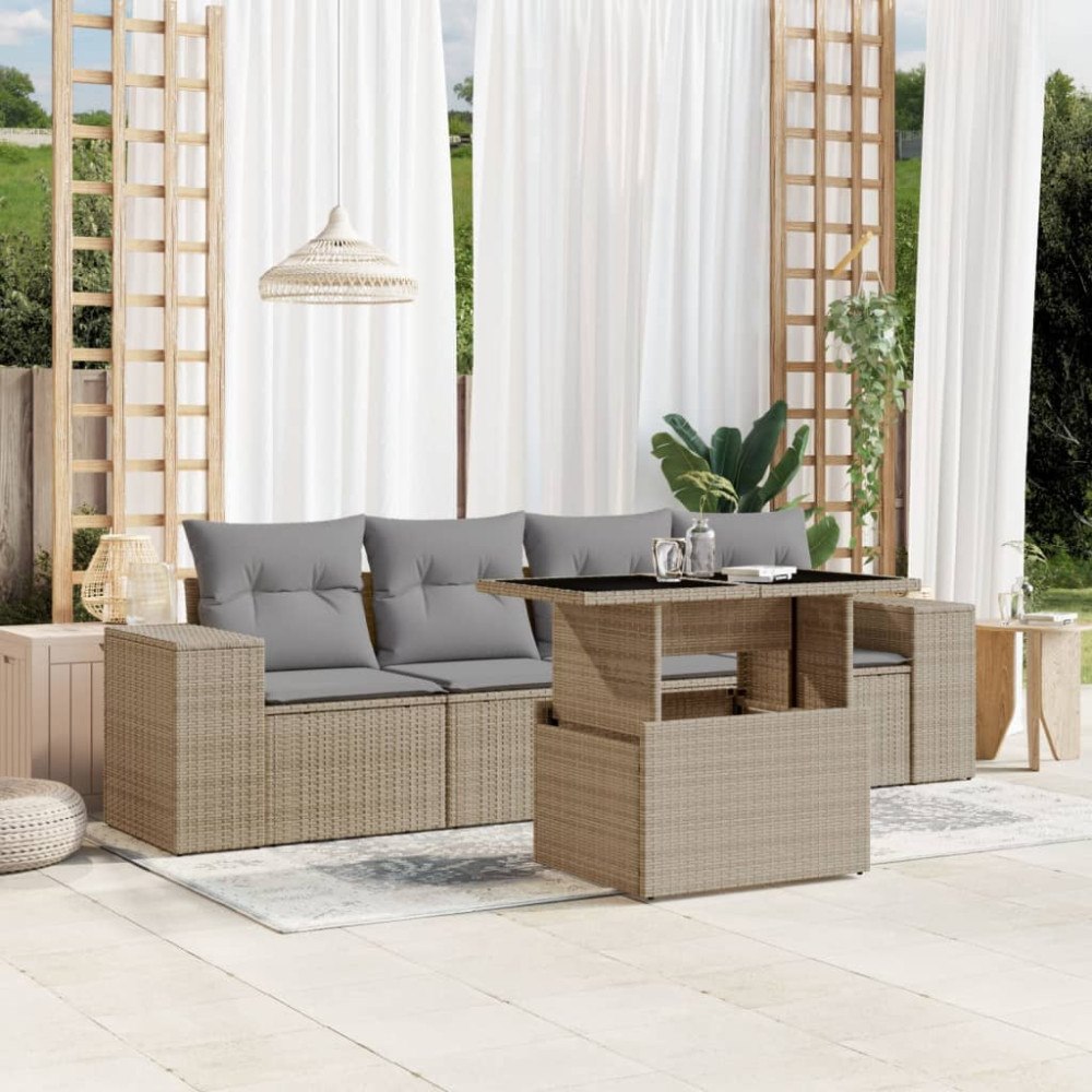 vidaXL Soffgrupp för trädgården med dynor 5 delar beige konstrotting
