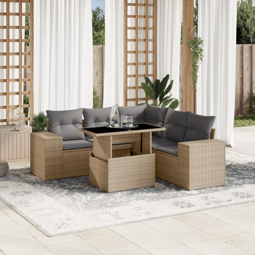 vidaXL Soffgrupp för trädgården med dynor 6 delar beige konstrotting